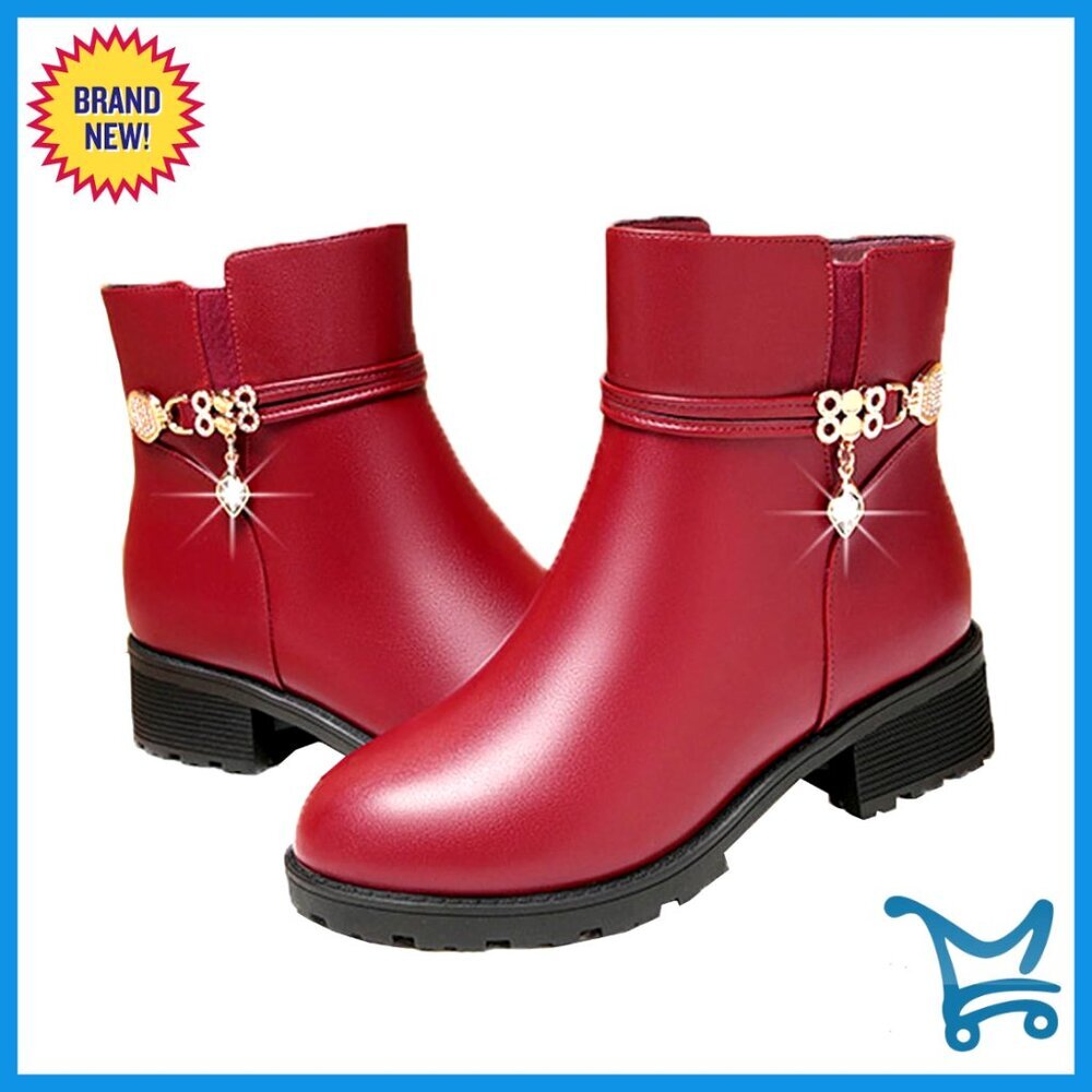 Leather Ankle Booties with Rhinestones, Fur Lined, Platform Heel, Snow Boots